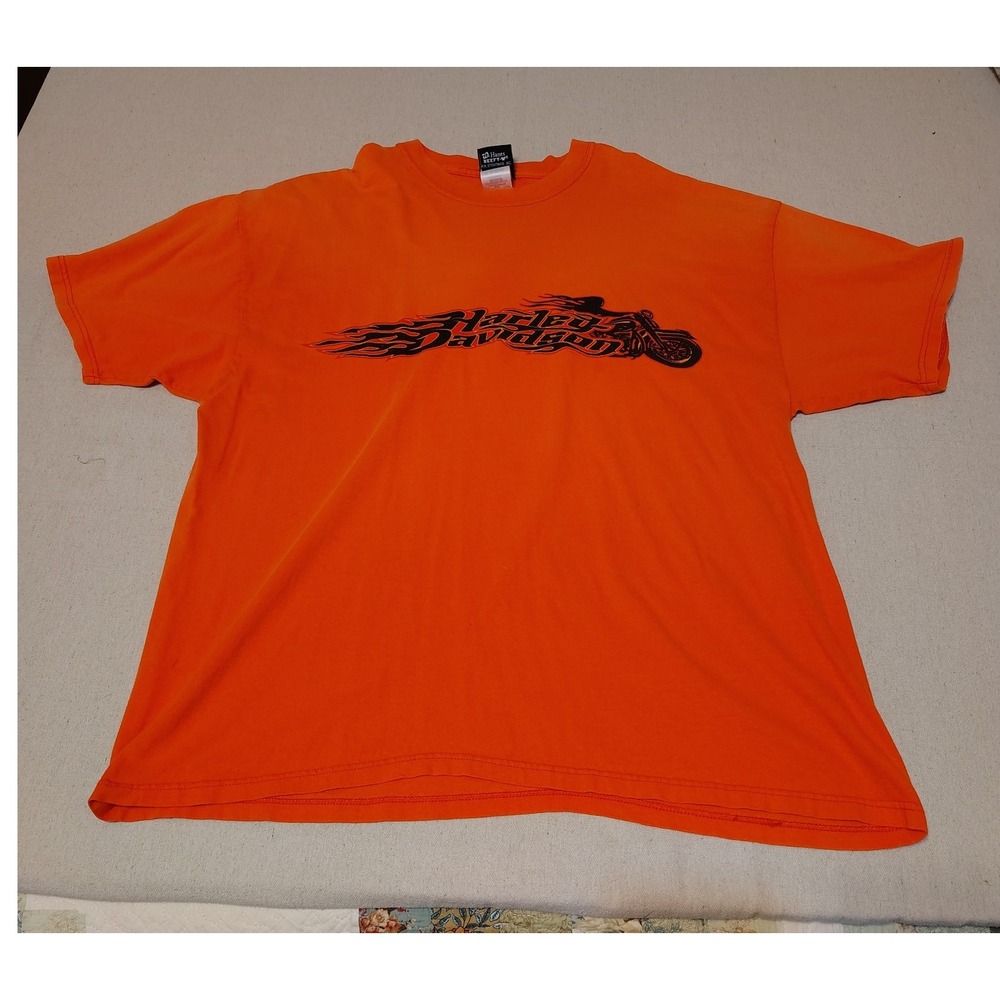 Orange Harley Davidson Motorcycles Flames Graphic T Shirt Mens 2XL Y2K II